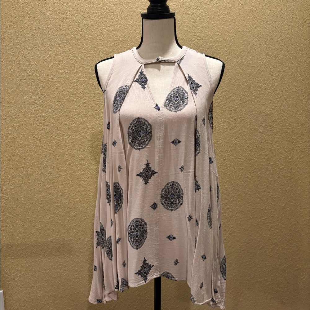 Free People Beige Asymmetrical Tank Top with Abstract Design